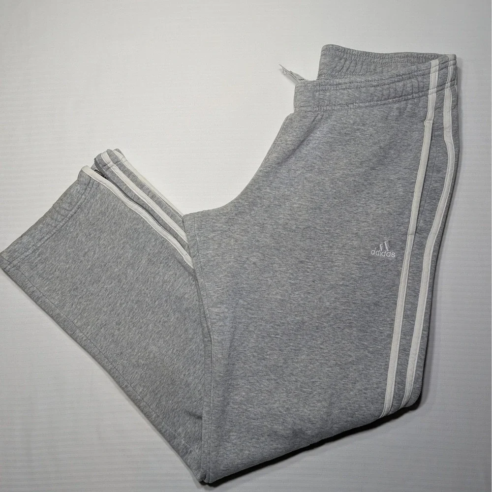 Adidas Men M 3-Stripe Fleece‎ Track Pants Grey Sweatpants Ankle Zip Medium